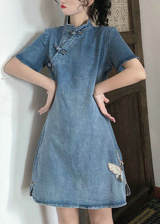 Vintage Blau Stehkragen taste Bestickt Denim Kleider Kurzarm