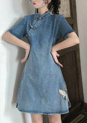 Vintage Blau Stehkragen taste Bestickt Denim Kleider Kurzarm