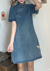 Vintage Blau Stehkragen taste Bestickt Denim Kleider Kurzarm