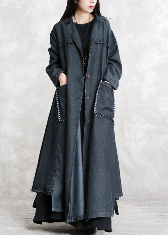 schwarzer Wintermantel übergroß gekerbte Taschen Elegante Langarm-Jeans-Patchwork-Langmäntel