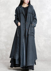 schwarzer Wintermantel übergroß gekerbte Taschen Elegante Langarm-Jeans-Patchwork-Langmäntel