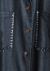 schwarzer Wintermantel übergroß gekerbte Taschen Elegante Langarm-Jeans-Patchwork-Langmäntel