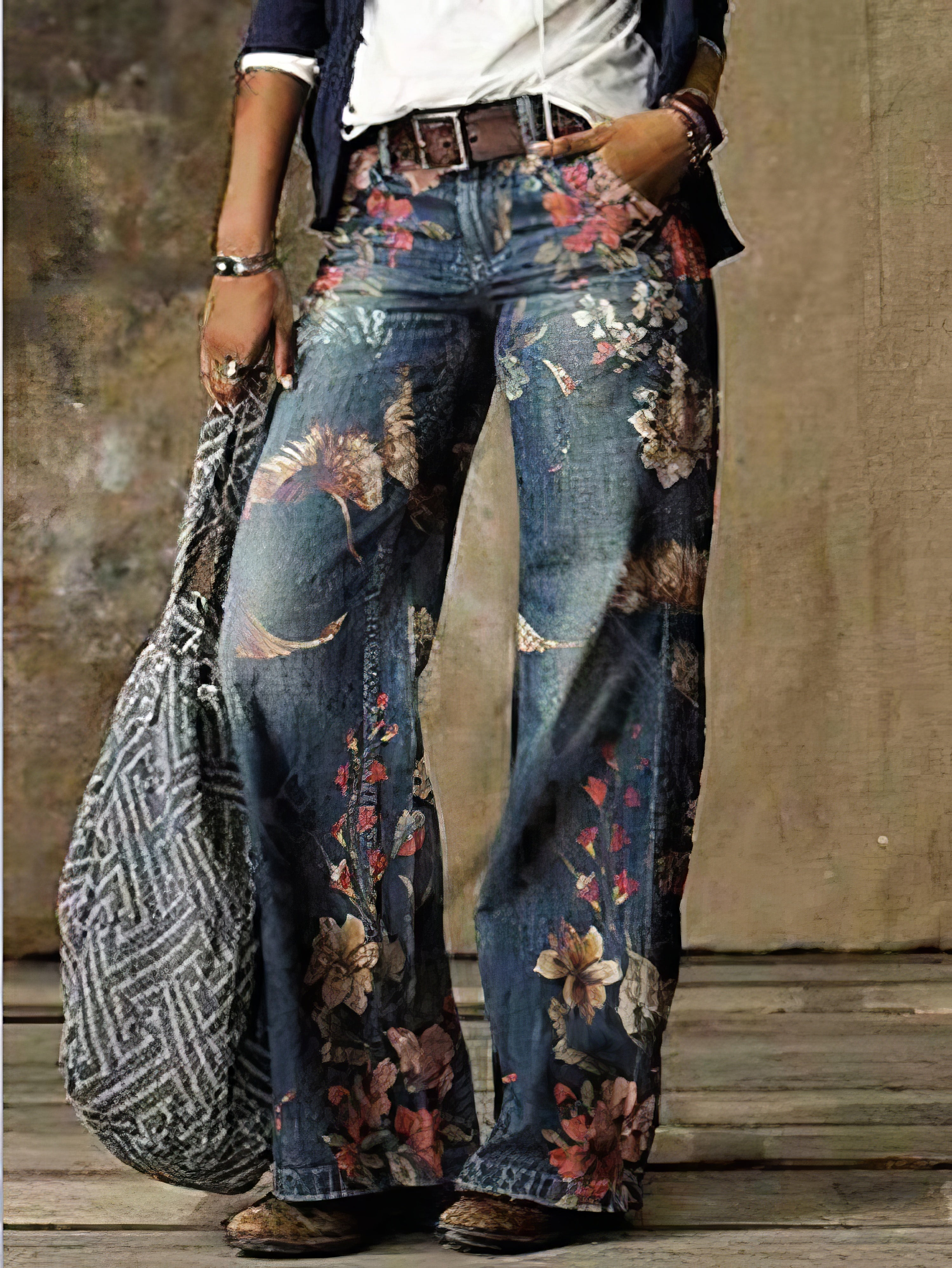 Casual Floral Print Pocket Wide-Leg Jeans