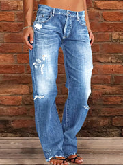 Stretch Ripped Washed Casual Straight Jeans